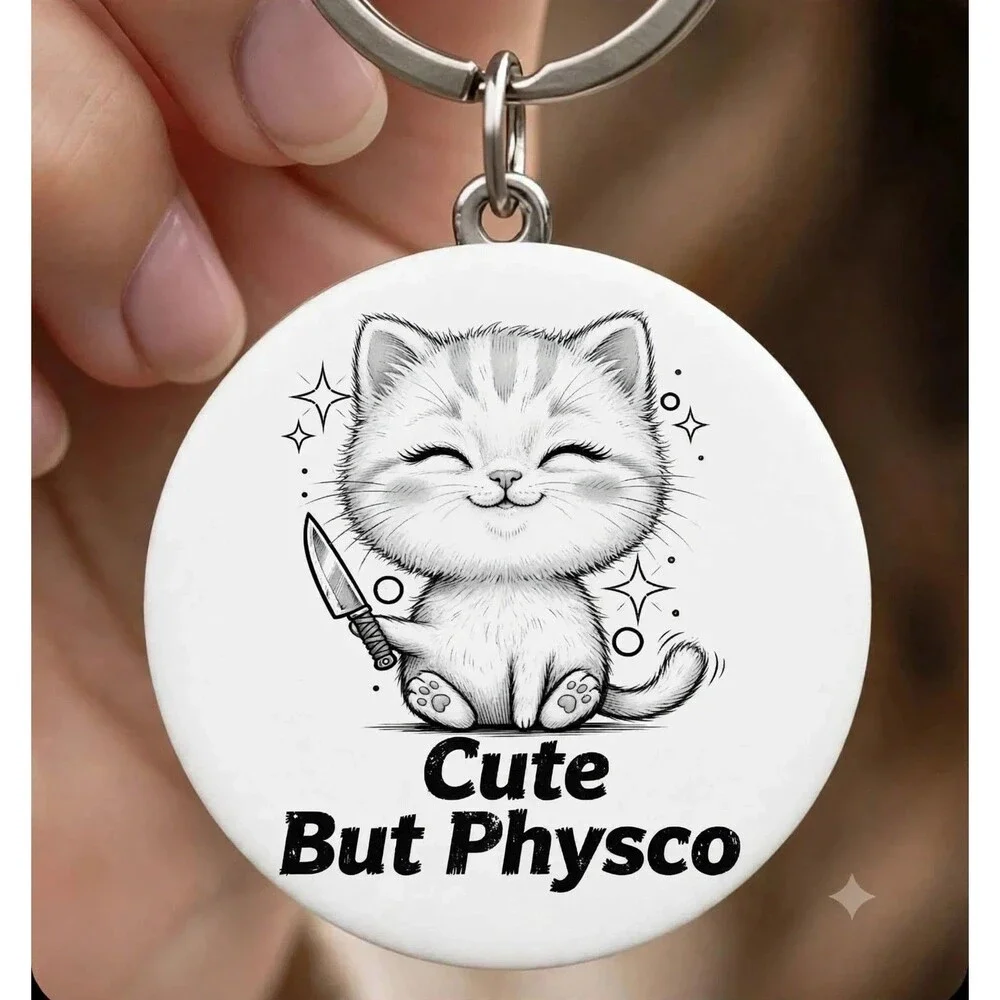 Kitty Cat Cute Crazy Psycho Stainless Keychain Anime Catoon Animal Kiss Joke